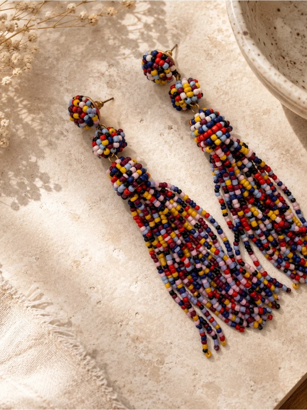 Vintage Multicolor Seed Bead Tassel Earrings Long Statement Boho NOS Unworn